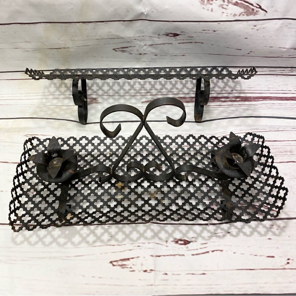 Mid Century Black Perforated Metal Shelf and Matching Candlestand